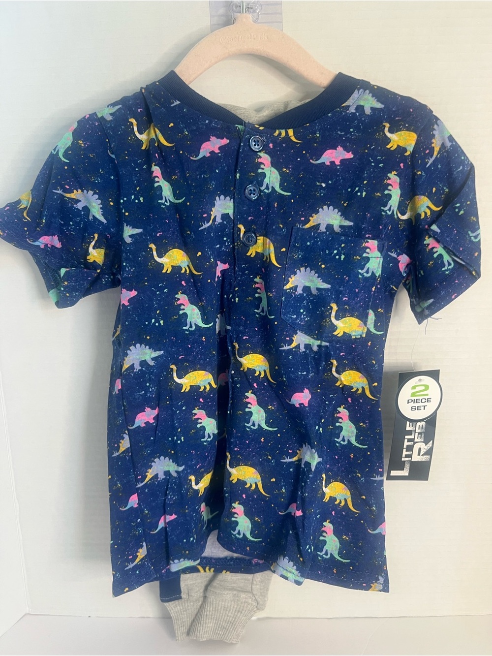 Little Rebels Navy Short-Sleeve Henley Tee with Colorful Dinosaur Print